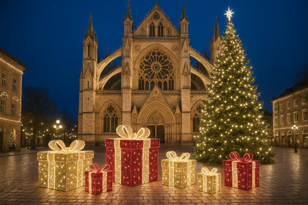 Christmas square at night featuring illuminated cathedral with large christmas tree and decorative gift boxes. concept of holiday celebration, festive lights, winter evening.の写真素材
