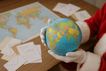 Santa claus holding a colorful globe with letters on a wooden table concept of global celebration, christmas wishes, holiday magic.の写真素材