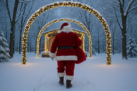 Santa claus walking in snowy winter park with festive lights and trees on a peaceful christmas evening. concept of holiday season, christmas spirit, winter wonderland.の写真素材