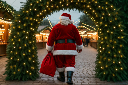 Santa claus strolling at christmas market under glowing lights in the evening. concept of holiday spirit, festive atmosphere, seasonal celebration.の写真素材