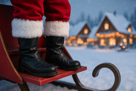 Santa's boots on sleigh overlooking snowy village in winter wonderland christmas scene. concept of holiday magic, festive season, traditional christmas setting.の写真素材