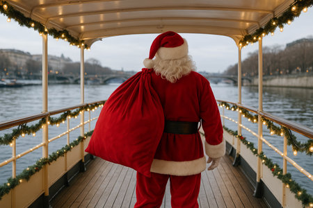 Santa on river cruise ship with gift bag during winter holiday season journey, festive atmosphere concept of travel adventure, magical christmas voyage, festive experience.の写真素材