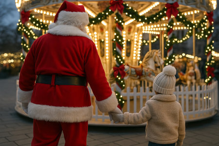 Santa claus leading child to carousel with christmas lights and festive decor on winter evening. concept of holiday magic, childhood wonder, christmas traditions.の写真素材