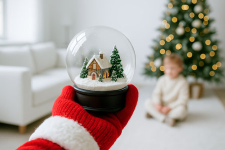 Hand holding a christmas snow globe in cozy room with decorated tree in background. concept of holiday spirit, festive decor, cozy winter scene.の写真素材