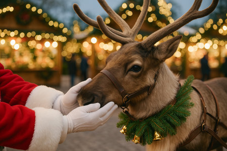 Santa claus gently petting reindeer at festive christmas market with decorative lights in winter evening scene. concept of holiday spirit, animal companionship, festive atmosphere.の写真素材