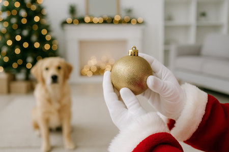 Santa claus holding a golden christmas ornament with labrador dog by a christmas tree indoors. concept of holiday cheer, festive decor, christmas celebration.の写真素材