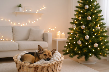 Cozy dog sleeping in wicker basket by christmas tree with festive fairy lights in living room. concept of holiday warmth, relaxing home decor, peaceful festive season.の写真素材