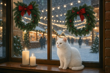 White cat sitting in festive christmas cafe by windowsill with candles and wreaths overlooking a snowy market. concept of holiday spirit, winter relaxation, cozy atmosphere.の写真素材