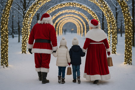 Christmas stroll with santa and mrs. claus accompanied by children in winter wonderland setting. concept of holiday cheer, family bonding, festive atmosphere.の写真素材