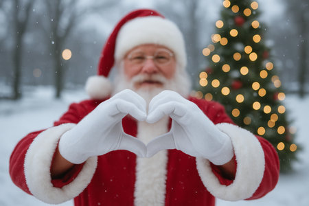 Santa claus making heart gesture with hands in snowy winter landscape near christmas tree. concept of holiday cheer, heartfelt gesture, festive season celebration.の写真素材