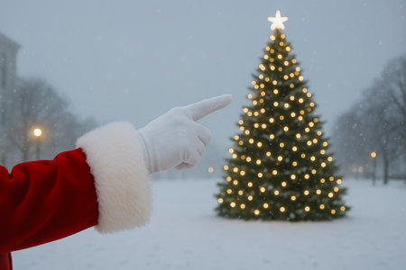 Santa claus pointing at illuminated christmas tree in snowy winter landscape. concept of holiday celebration, festive season, christmas tradition.の写真素材