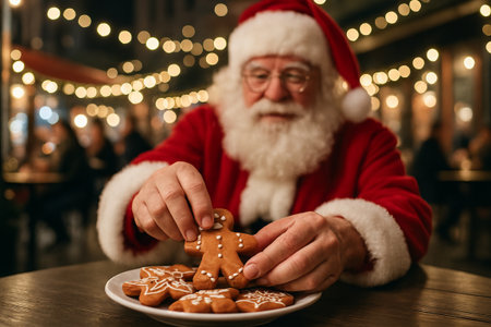 Santa claus enjoying gingerbread cookies in holiday cafe setting magical christmas scene. concept of festive spirit, delicious treats, cozy winter atmosphere.の写真素材