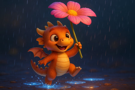 Cute illustration of a cheerful dragon holding a pink flower on a rainy day adventure in a mystical fantasy land.の写真素材