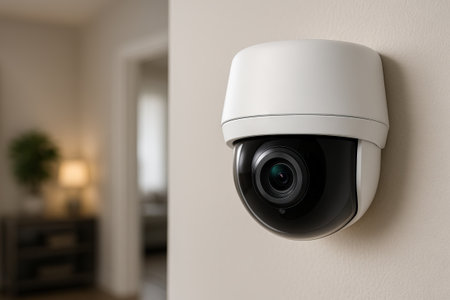 Indoor smart security camera with modern design for home surveillance in living room. concept of...