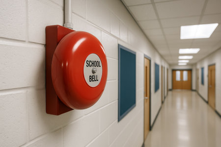 Modern school bell in empty educational corridor emphasizing simplicity and contemporary design for learning environments concept of education, minimalist style, school decor.の写真素材