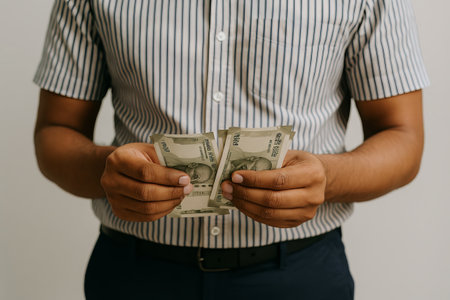 Male professional counting rupees in office setting concept of financial planning currency management business success.の写真素材