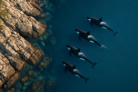 Orcas swimming in deep blue ocean near rocky coastline. concept of marine wildlife, oceanic beauty, aquatic life exploration, majestic marine mammals, nature scene.の写真素材