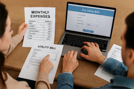 Couple managing finances together at home with laptop and monthly expense sheet. concept of budget planning, financial organization, teamwork in household finance management.の写真素材