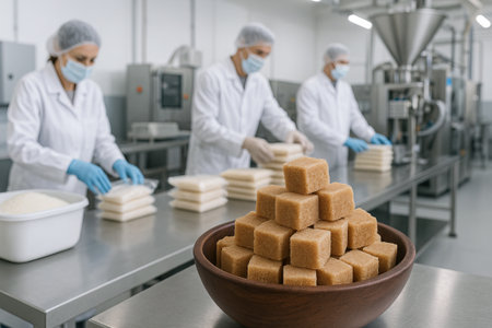 Industrial sugar production process with workers in factory setting, brown sugar cubes in foreground. concept of manufacturing, food processing, industrial work.の写真素材