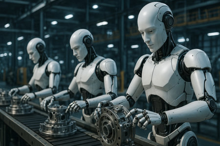 Autonomous robot assembly line with metallic robots working on production parts in advanced industrial setting. concept of automation, robotics, modern manufacturing.の写真素材