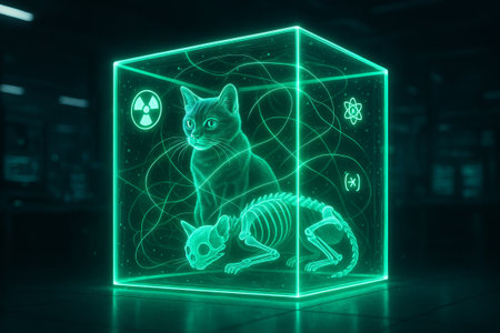 Futuristic illustration of quantum cat paradox in glowing cube featuring alive and skeletal cat concept of quantum mechanics, scientific thought experiment, Schrodinger cat.の写真素材
