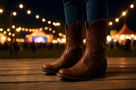 Close-up of cowboy boots on wooden deck at night festival with glowing lights. concept of western fashion, festive atmosphere, country style.の写真素材