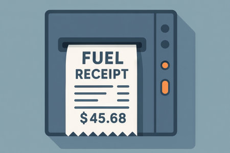 Illustration of fuel receipt emerging from machine displaying price of 45.68. concept of payment, transaction, fuel purchase, expense management, cost of living.の写真素材