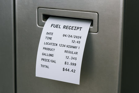 Fuel receipt from machine displaying date, location, product, gallons, price per gallon, and total cost for efficient monitoring and budgeting.の写真素材