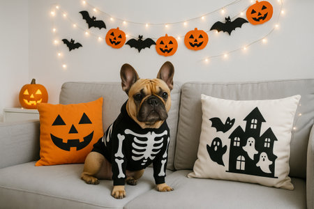 French bulldog in skeleton costume sitting on sofa with halloween decor including jack-o-lantern and bat-themed pillows. concept of festive pet, halloween fun, holiday decor.の写真素材
