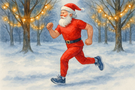 Sporty santa claus jogging in a snowy park with festive lights during wintertime. concept of fitness, christmas spirit, holiday exercise. illustration.の写真素材
