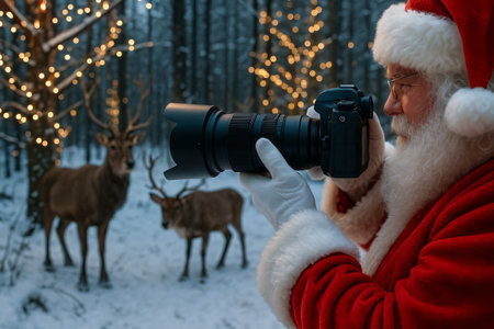 Santa claus photographing reindeer in snowy forest with christmas lights on trees, concept of holiday photography, magical winter scene, festive season illustration.の写真素材