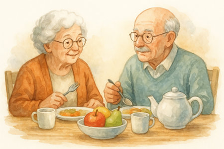 Elderly couple enjoying lunch at home with tea and fruit in a cozy setting. concept of companionship, warm meals, home comfort.の写真素材
