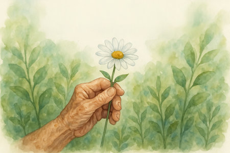 Elderly hand holding a white flower against a green foliage watercolor background. concept of nature, simple beauty, aging gracefully.の写真素材