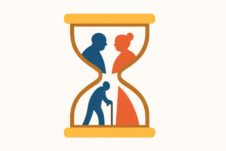 Illustration of elderly couple and hourglass symbolizing aging and time passing. concept of life cycle, time management, senior relationships.の写真素材