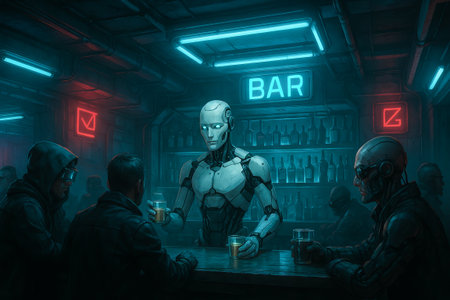 Cyberpunk basement bar with robots and neon lights creating futuristic atmosphere. concept of sci-fi nightlife, urban exploration, futuristic ambiance in dark underground setting illustration.の写真素材