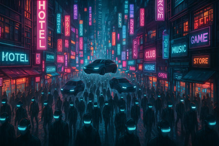 Cyberpunk cityscape illustration with neon lights and futuristic atmosphere viewed from above depicting high-tech urban environment concept of futuristic metropolis and technology.の写真素材