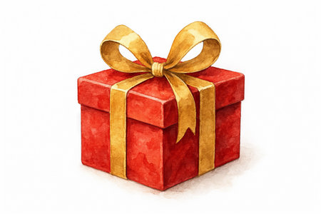 Watercolor illustration of red gift box with gold ribbon for holiday celebration concepts of surprise present festive decor.の写真素材