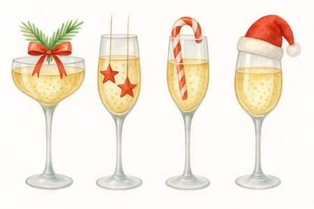 Festive champagne flutes with christmas decor featuring bows, stars, candy cane, and santa hat. concept of holiday celebration, festive drink, seasonal cheer illustration.の写真素材