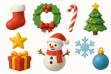 Festive christmas holiday symbols including snowman, candy cane, and christmas tree on white background. concept of cheerful seasonal decor, winter celebration, festivity icons.の写真素材