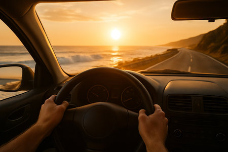 Scenic sunset coastal drive with ocean views captured from car interior. concept of road trip, serene journey, relaxing travel experience at dusk, adventure, escape.の写真素材