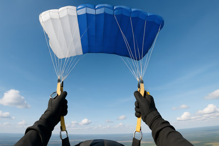 Skydiver's view of blue and white parachute in clear sky captured mid-air. concept of thrilling...