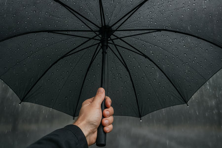 Hand holding black umbrella in the rainy weather with raindrops falling, concept of rain protection, weather preparedness, outdoors, autumn season.の写真素材