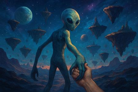Alien encounter illustration with mysterious floating islands and starry sky. concept of science fiction, exploration, cosmic adventure.の写真素材