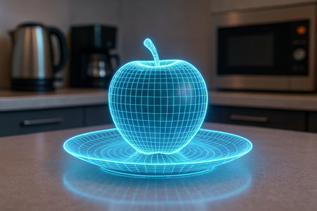 Futuristic holographic apple display on kitchen countertop highlighting innovative technology and sleek design. concept of virtual reality, modern kitchen, advanced gadgets.の写真素材