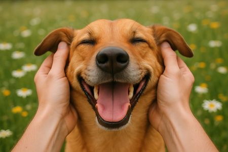 Joyful dog with gentle human hands in a peaceful meadow with blooming daisies. concept of happiness, pet bonding, outdoor relaxation.の写真素材