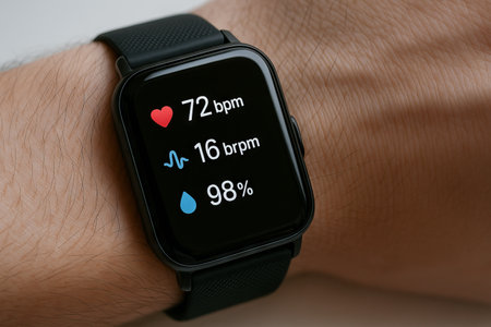 Close-up of smartwatch displaying health metrics including heart rate, breathing rate, and hydration level on human wrist. concept of fitness tracking, digital health, wearable technology.の写真素材