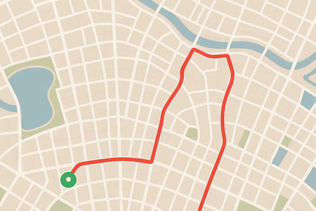 Illustration of a city map highlighting a route with a red line and starting point near a pond. concept of urban navigation, topographic layout, travel planning.の写真素材