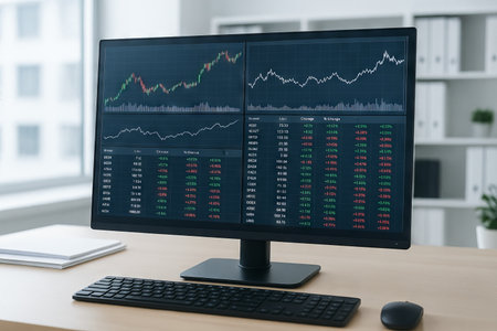 Financial charts displayed on monitor showing stock market trends and data analysis concept of...