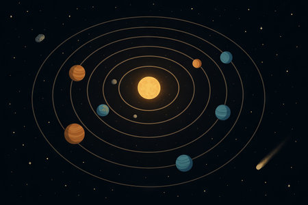 Illustration of planetary orbits around the sun in space, depicting solar system elements with stars and celestial bodies for astronomy and science education.の写真素材