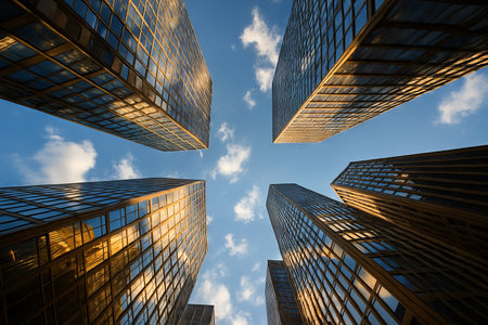 Skyscraper geometry at horizon with simple composition capturing modern architecture against dramatic sky and clouds in urban landscape illustration.の写真素材